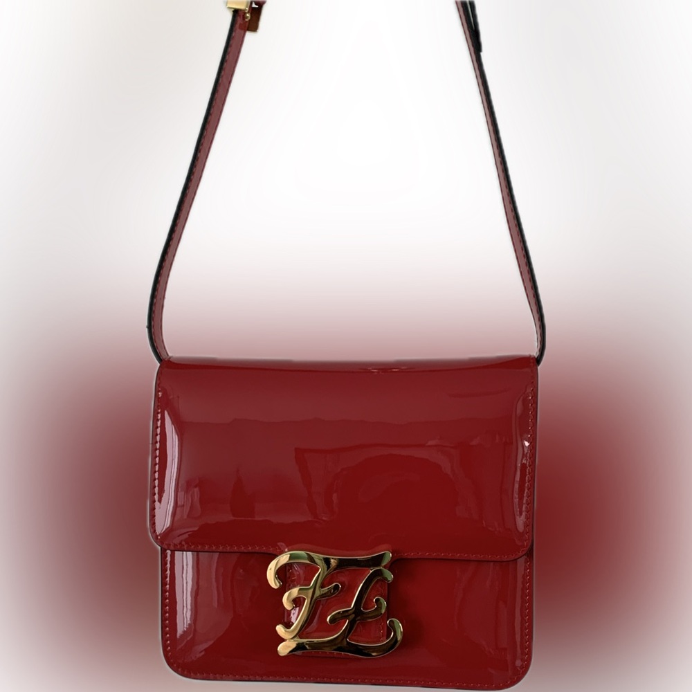 Fendi Karligraphy Red Patent Leather Crossbody Bag.  PRISTINE CONDITION